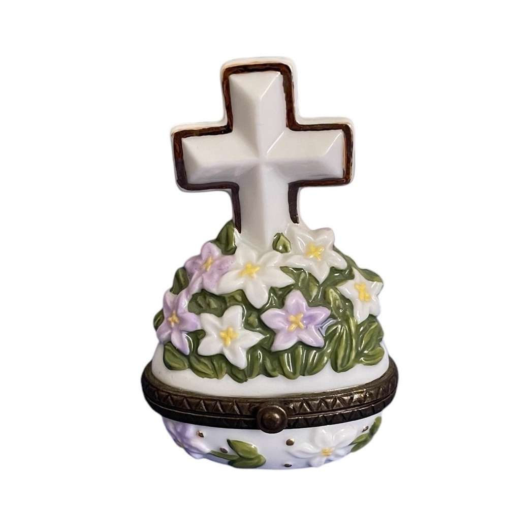 Midwest Cannon Falls Easter Cross Trinket Box Lillies His is Risen Hinged Cross